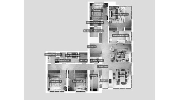 Apartment floor plan, 4 bedrooms in ROSSO BAY RESIDENCES No. 11030 (2D)
