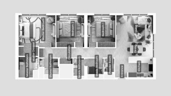 Apartment floor plan, 3 bedrooms in ROSSO BAY RESIDENCES No. 11026 (2D)