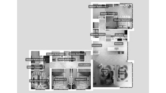 Apartment floor plan, 4 bedrooms in ROSSO BAY RESIDENCES No. 11028 (2D)